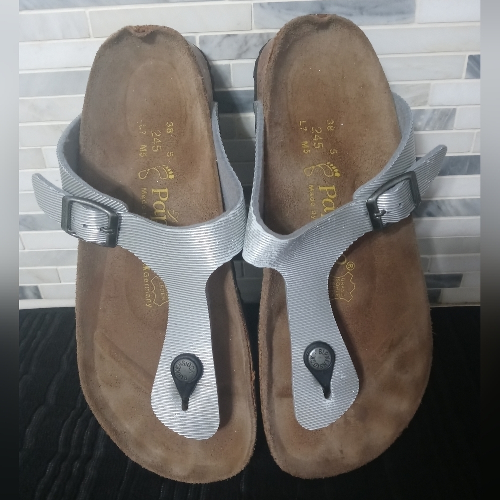Birkenstock Papillio Silver Ribbed Thong Cork Sole Unisex Sandals M5 L7